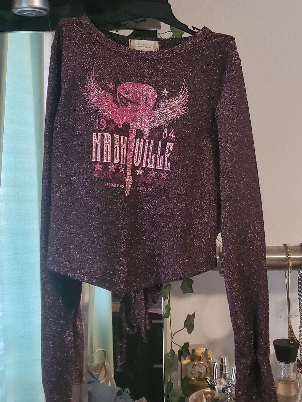 Sparkle Graphic Long-Sleeve Knit Top - Dark Purple Pink